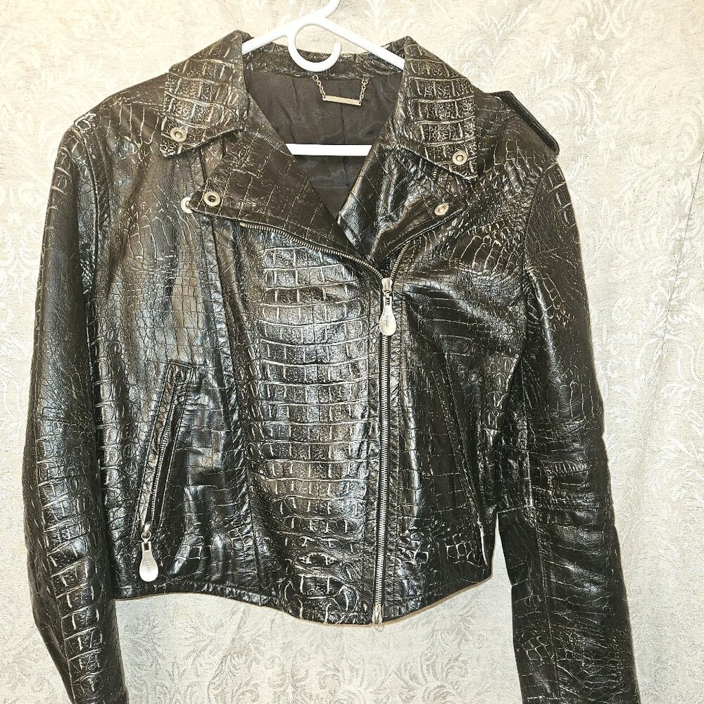 Avant-garde 1980s/90s Gianfranco Ferre croc embossed leather moto jacket free sh